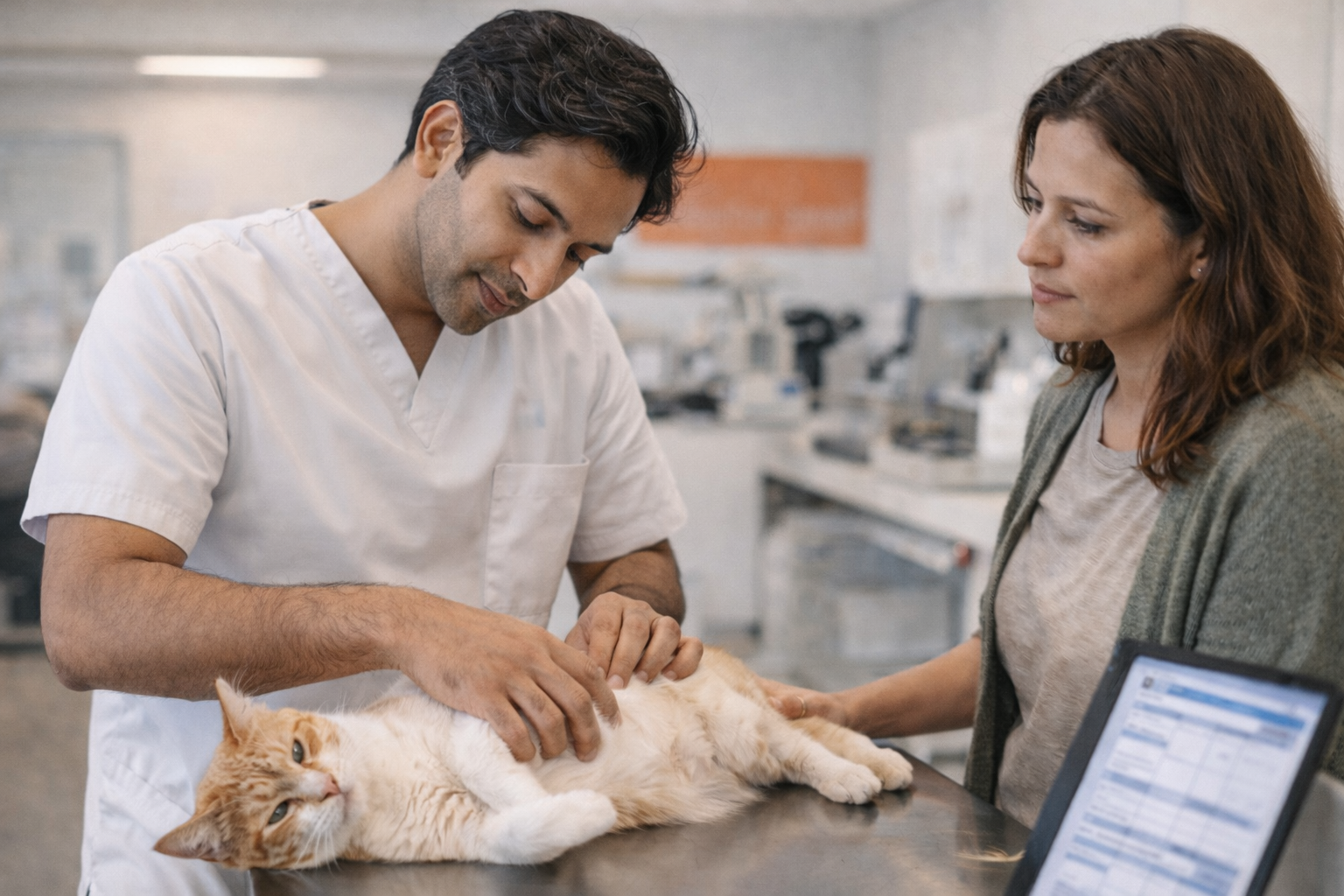 Veterinarian Examining cat’s Ear with Concerned Pet Owner